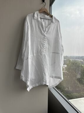 Terzo Millennio White 100% Linen Popover Tunic Shirt Coastal Lagenlook CoverUp L